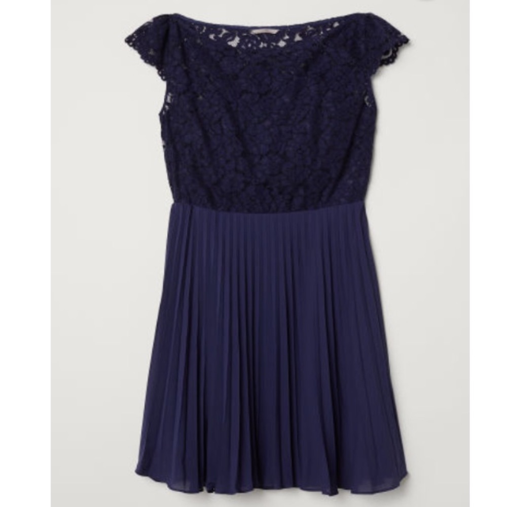 H&M pleated and lace navy dress